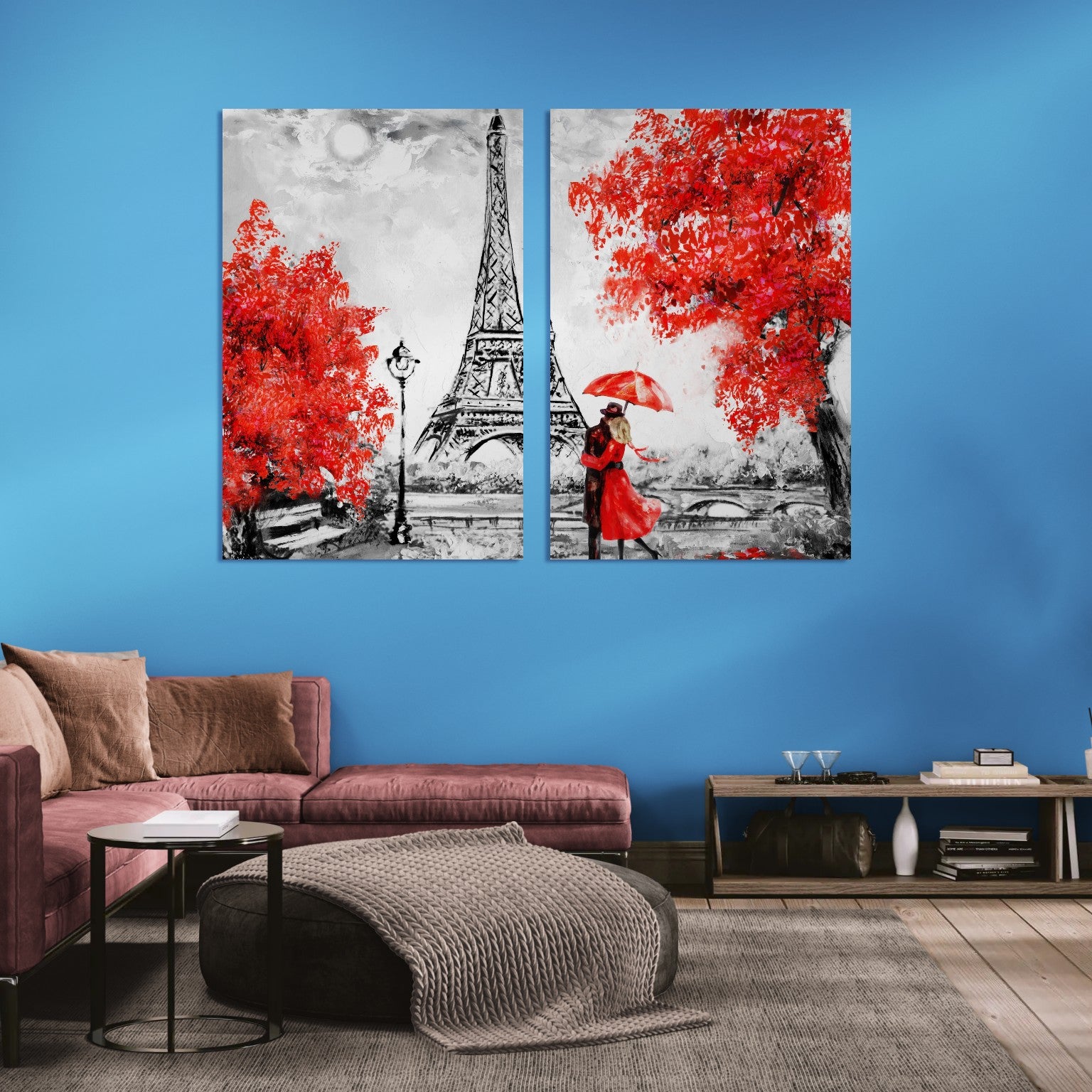 Paris Eiffel Tower Red Tree (2 Panel) Red & White Wall Art