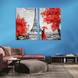Paris Eiffel Tower Red Tree (2 Panel) Red & White Wall Art