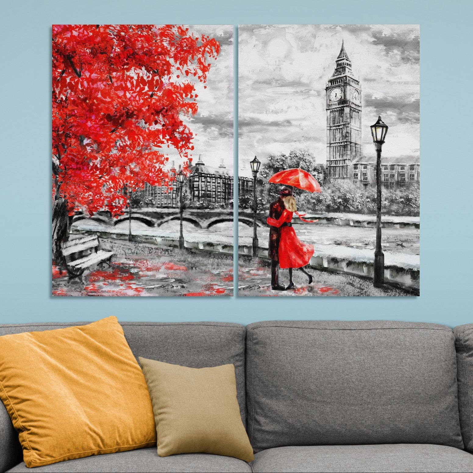 London Red Tree and Couple (2 Panel) Abstract Wall Art