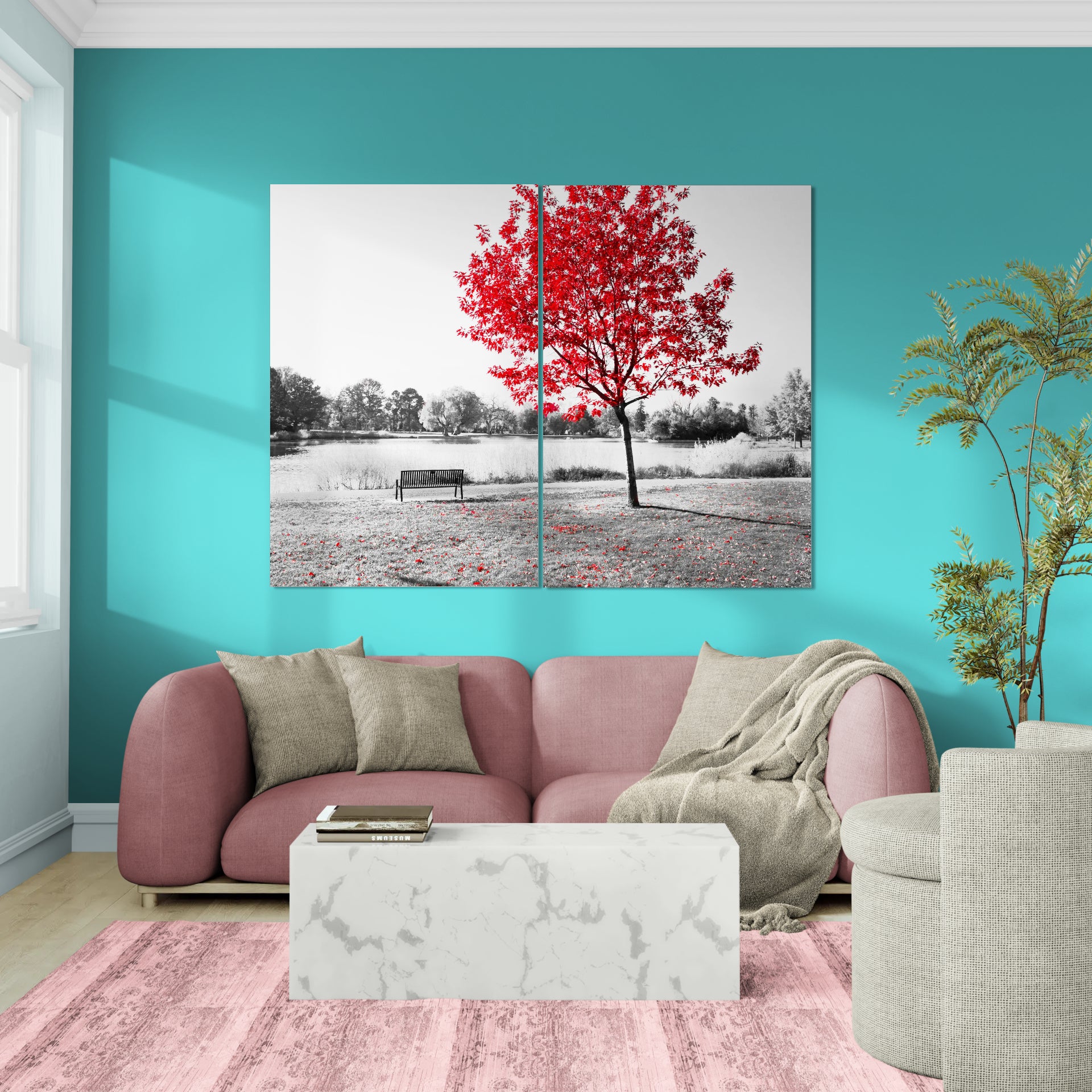 Red Tree over Park Bench (2 Panel) Abstract Wall Art