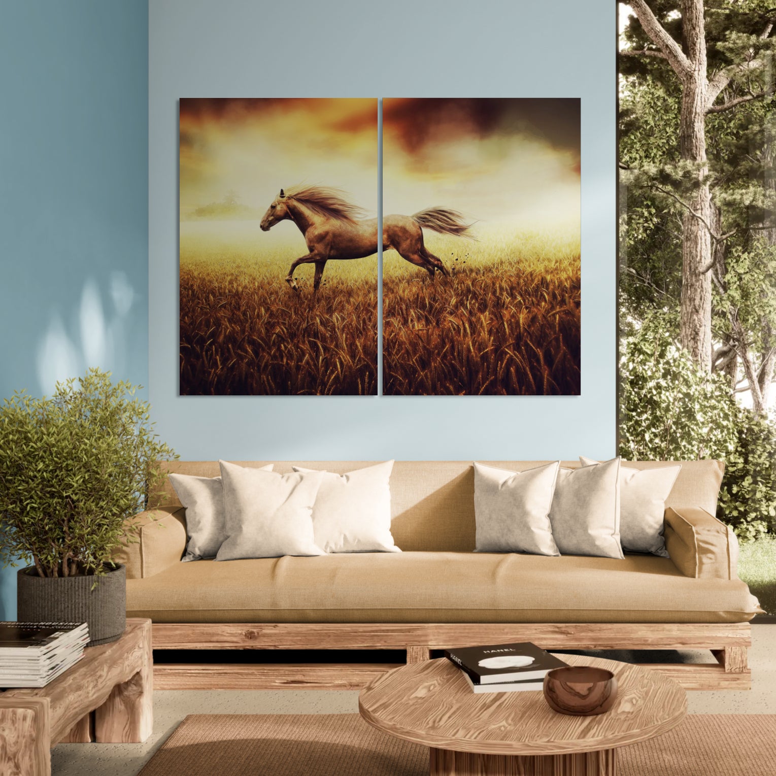 horse running in a cornfield (2 Panel) Animal Wall Art