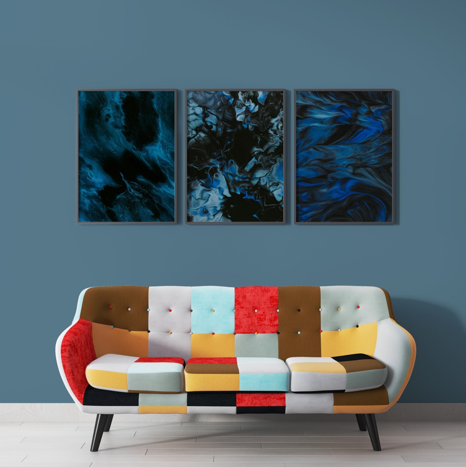 Blue And Black Abstract (3 Panel) Abstract Wall Art