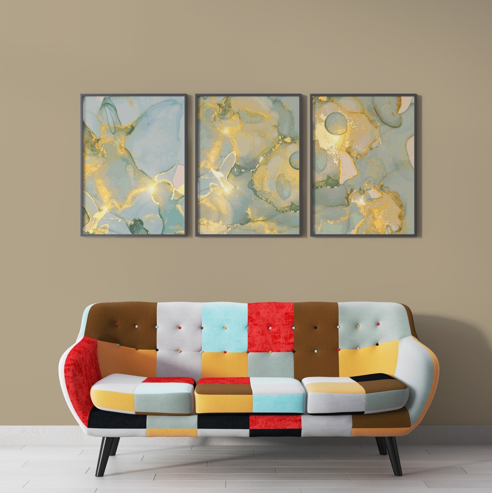 Grey blue and gold marble abstract (3 Panel) Abstract Wall Art