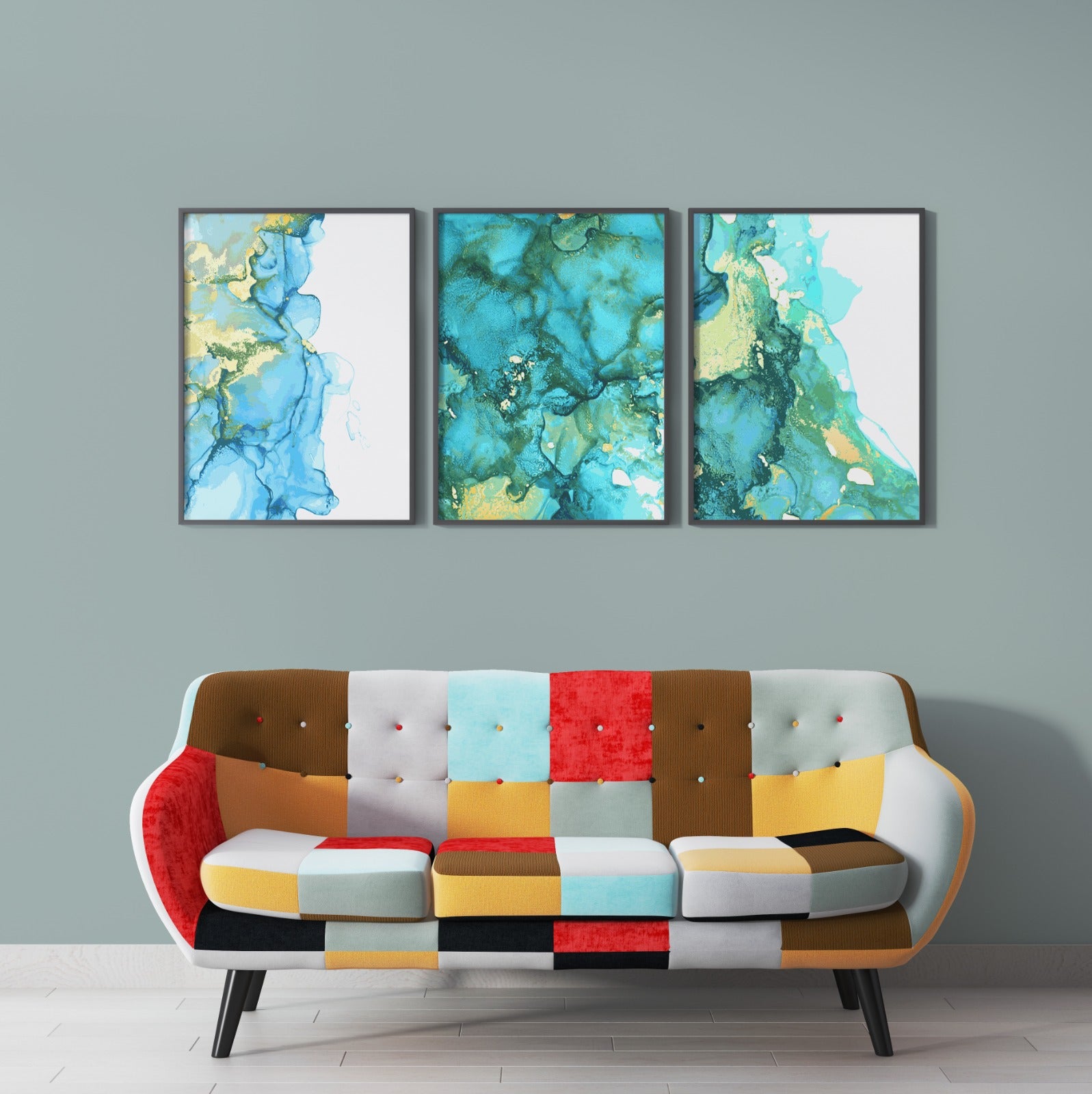 Light blue and gold marble abstract (3 Panel) Abstract Wall Art