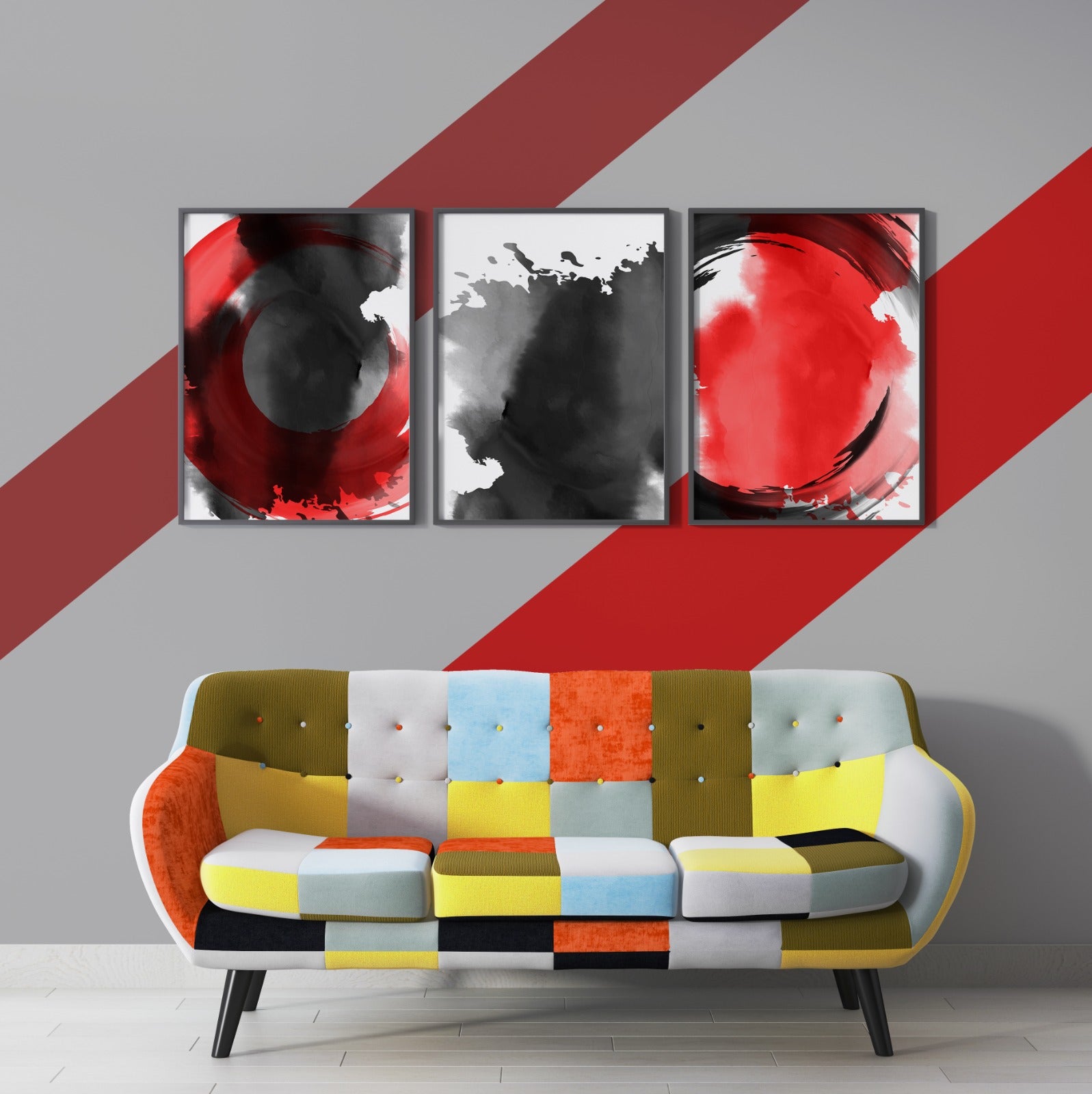 Abstract Black and Red (3 Panel) Abstract Wall Art