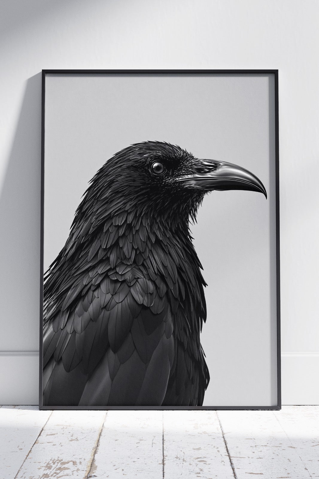 A black crow with a white background | Ai Artworks Poster Wall Art