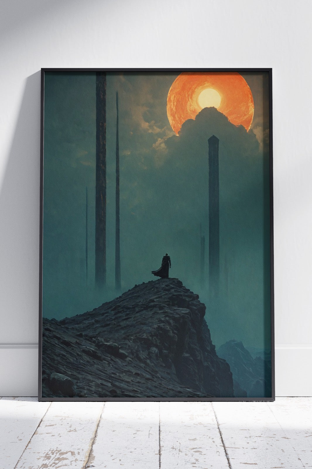 A man standing on top of a mountain looking at a sky | Ai Artworks Poster Wall Art