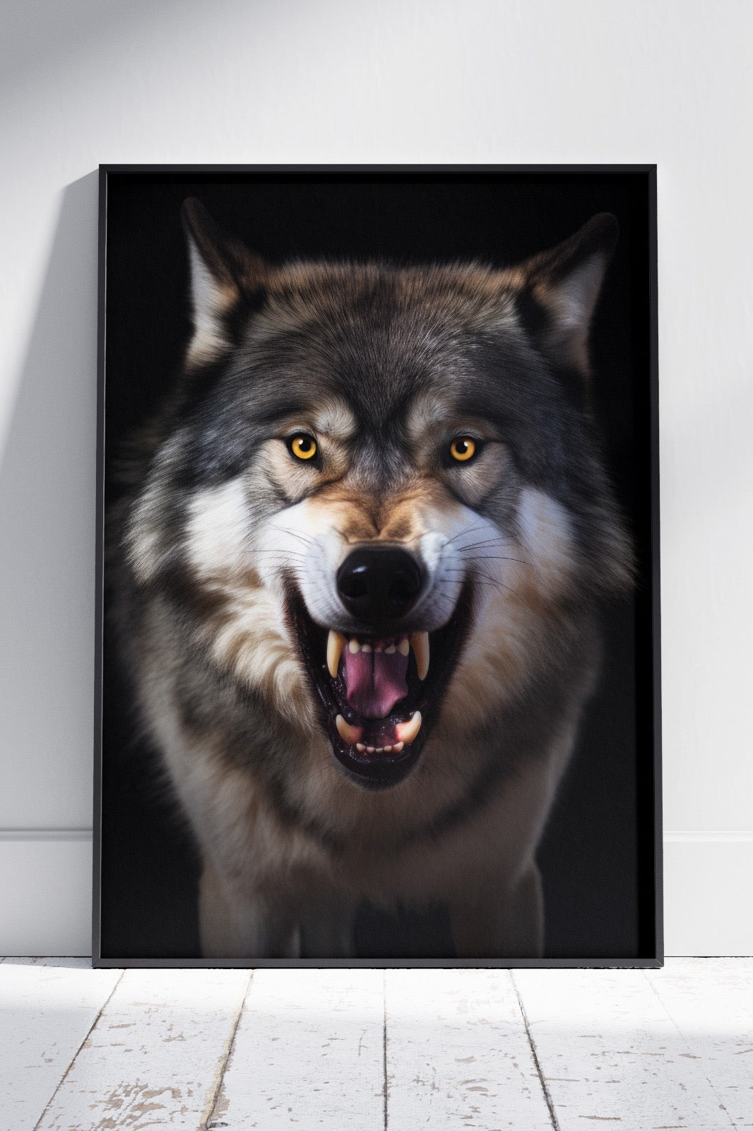 Angry grey wolf portrait on black background | Animal Poster Wall Art