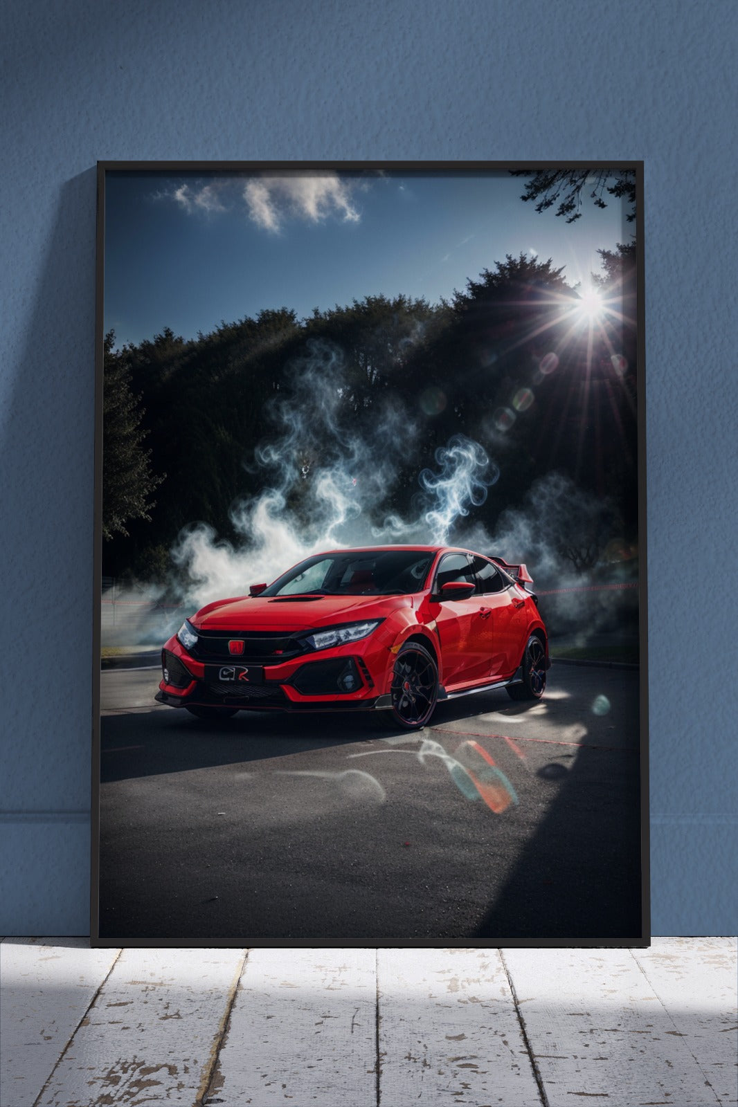 A red honda civic with sun | Cars Poster Wall Art