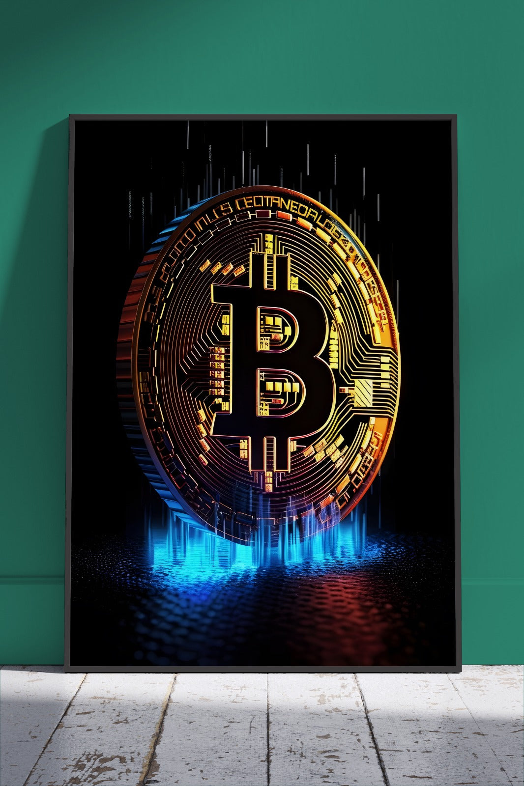 Bitcoin Logo Lit Up in Blue & Red Lights | Poster Wall Art