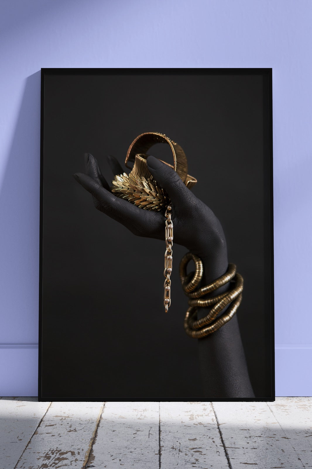 Black Woman Holding Gold Jewelry In Hand | Black & Gold Poster Wall Art