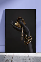 Black Woman Holding Gold Jewelry In Hand | Black & Gold Poster Wall Art
