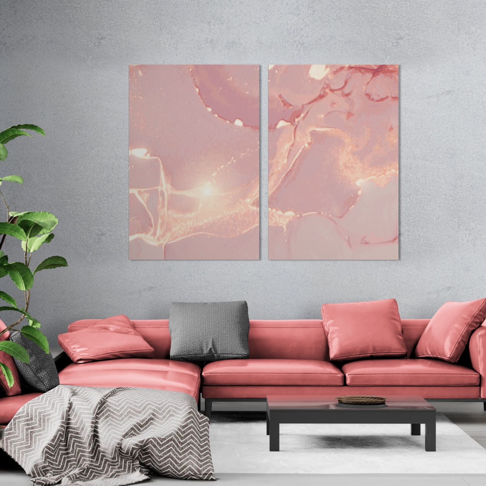 Light pink and gold marble abstract 009 (2 Panel) Abstract Wall Art