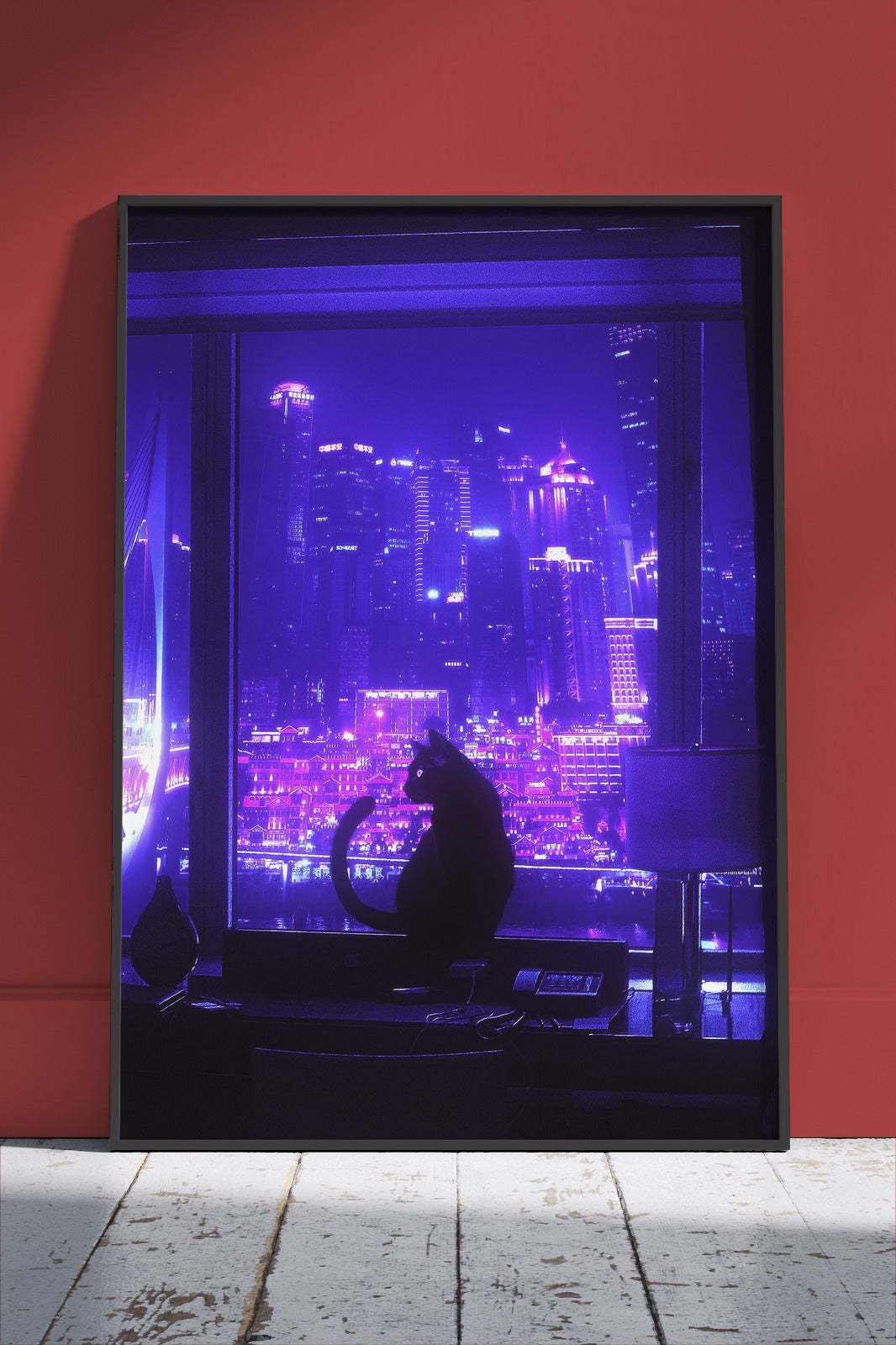 Cat With purple neon aesthetic atmosphere | Poster Wall Art
