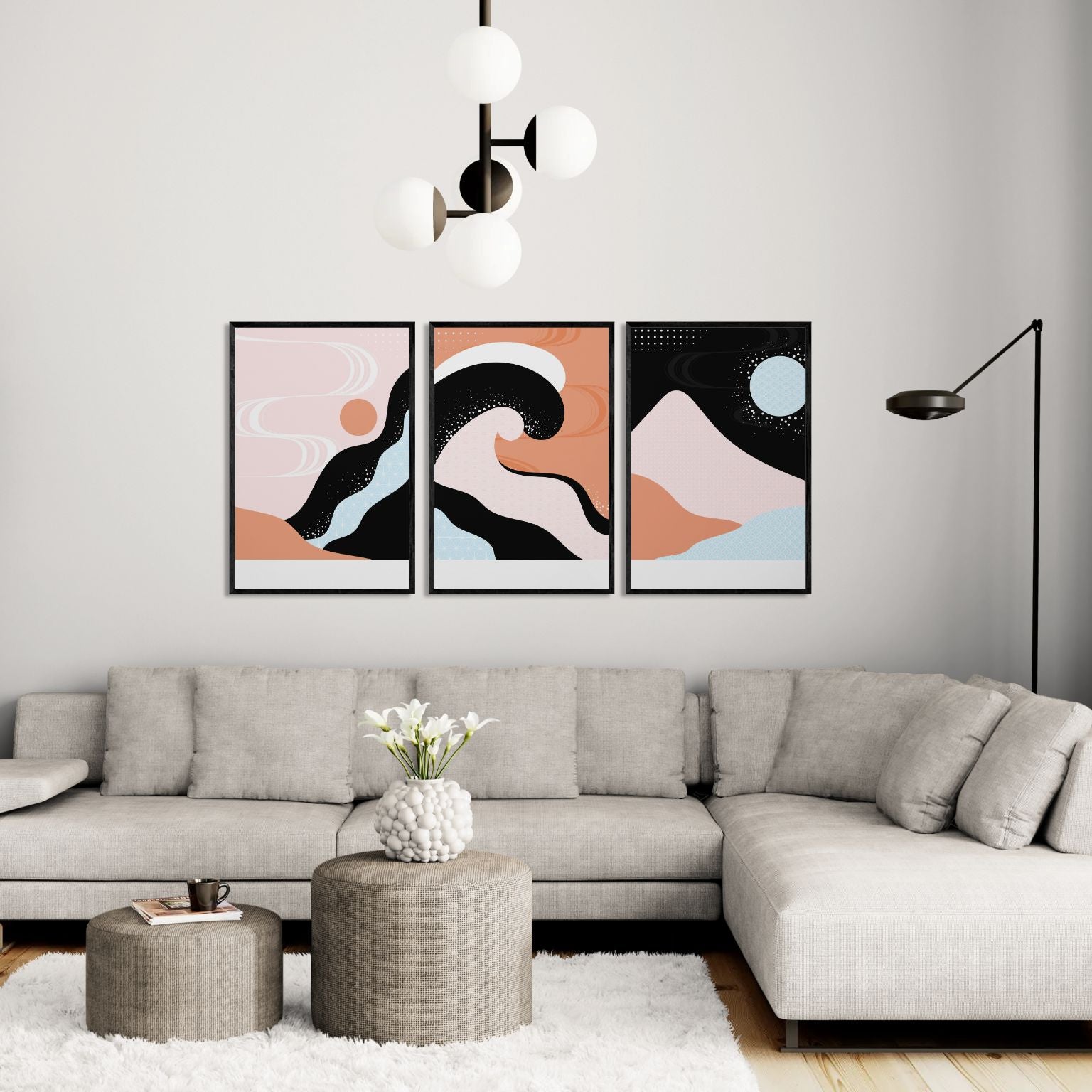 Black & Pink Minimal Waves (3 Panel) Abstract Wall Art