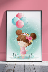 Cute Cartoon Girl Holding Balloons | Kids Poster Wall Art