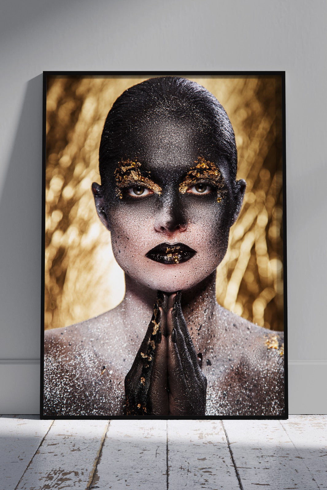 Dark-skinned Girl With Gold Makeup 003 | Black & Gold Poster Wall Art