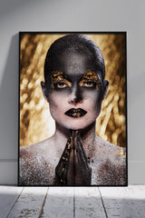 Dark-skinned Girl With Gold Makeup 003 | Black & Gold Poster Wall Art