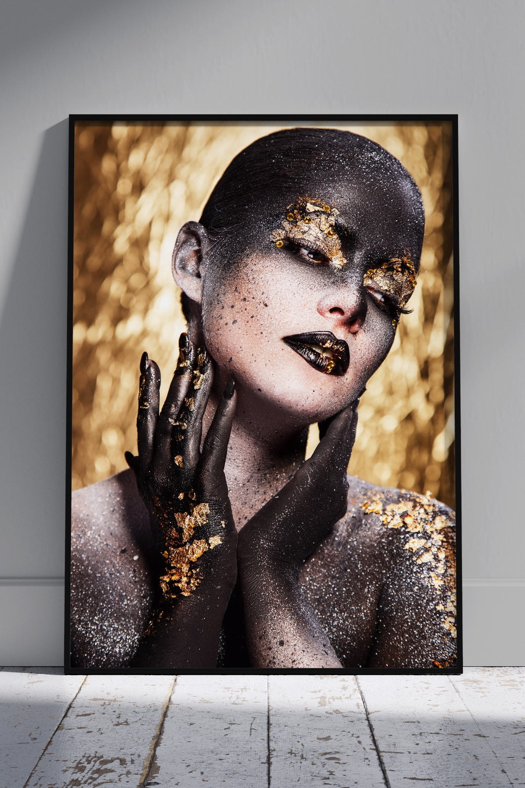Dark-skinned Girl With Gold Makeup 005 | Black & Gold Poster Wall Art