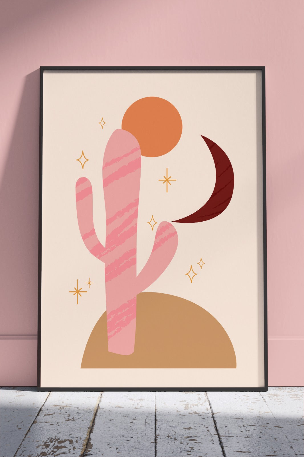 Desert Serenity Pastel Cactus & Crescent Moon | Kids Poster Wall Art