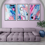 Abstract Painting with Swirling Pink Blue and White (3 Panel) Abstract Wall Art