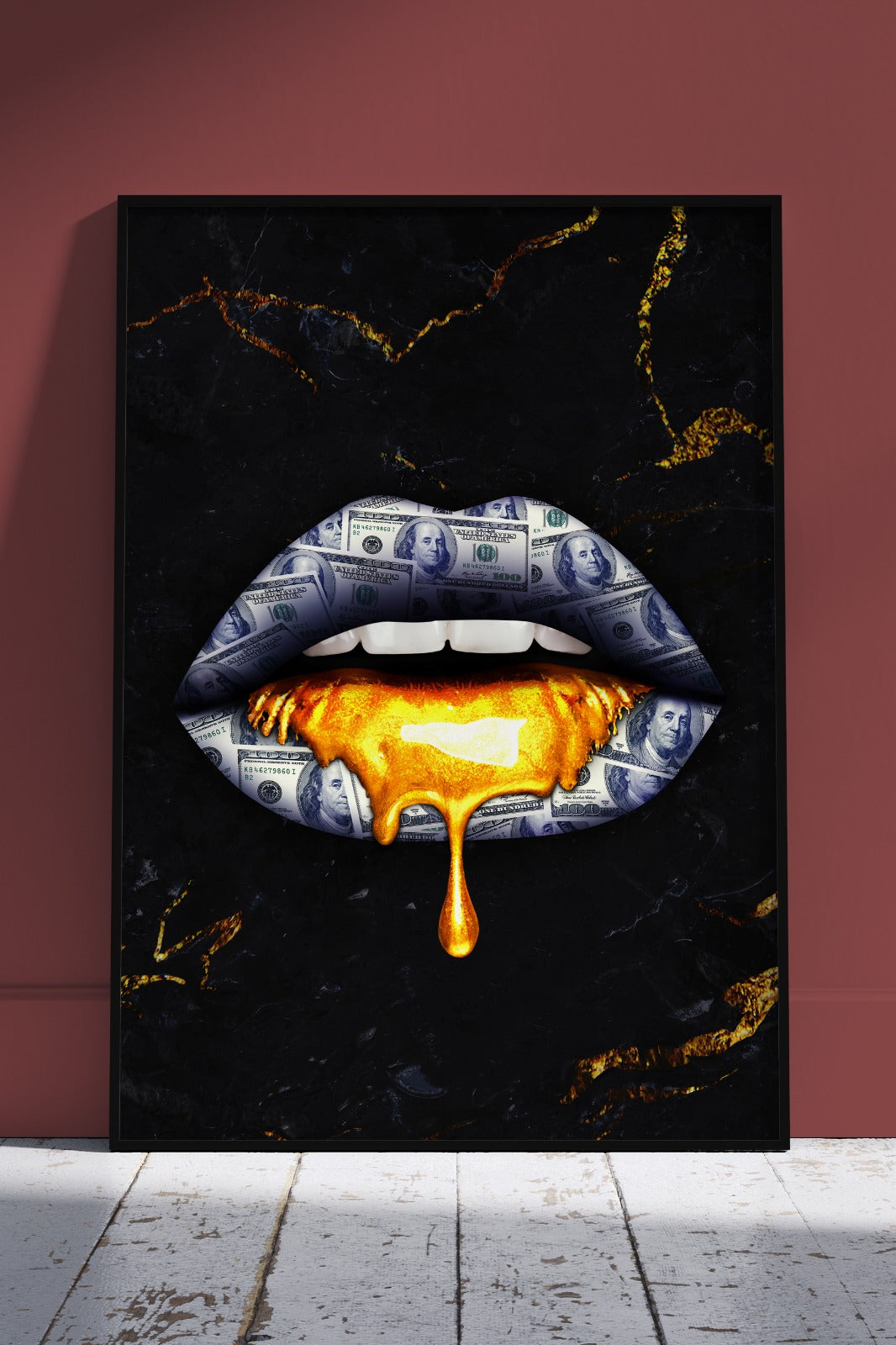 Fashion Lips with Money | Black & Gold Poster Wall Art