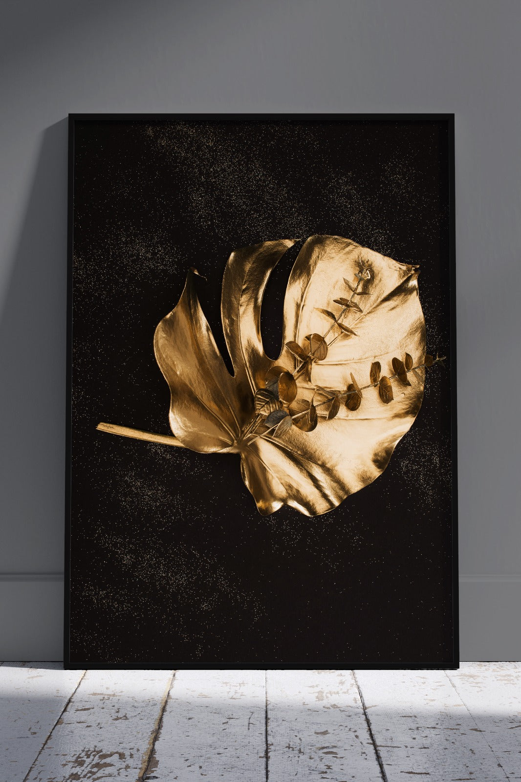 Golden plant leaf With Black Background | Black & Gold Poster Wall Art