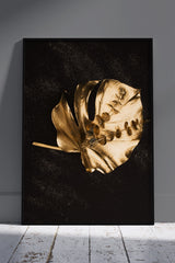 Golden plant leaf With Black Background | Black & Gold Poster Wall Art