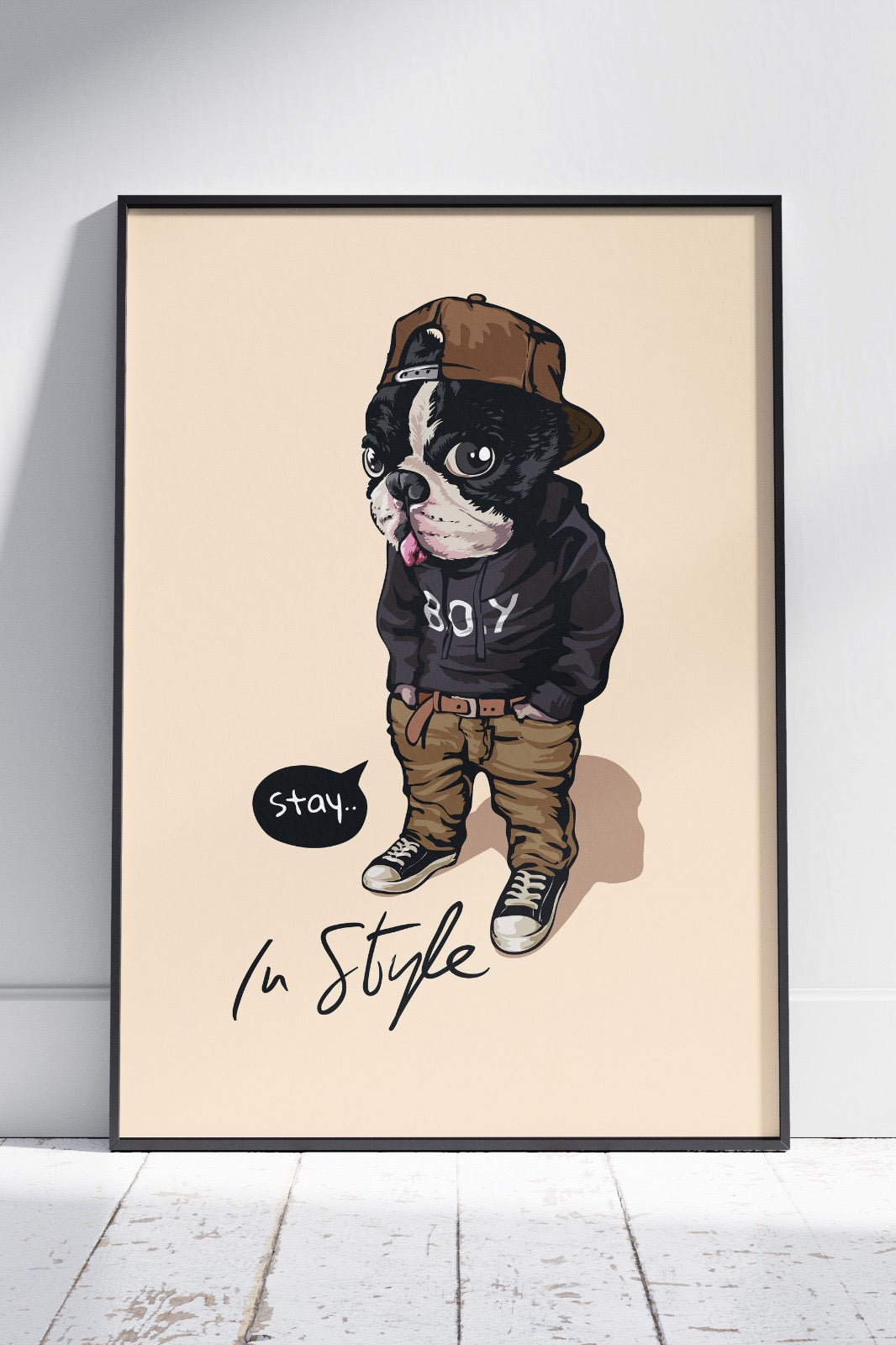 In style slogan with cartoon dog in street fashion style | Animal Poster Wall Art