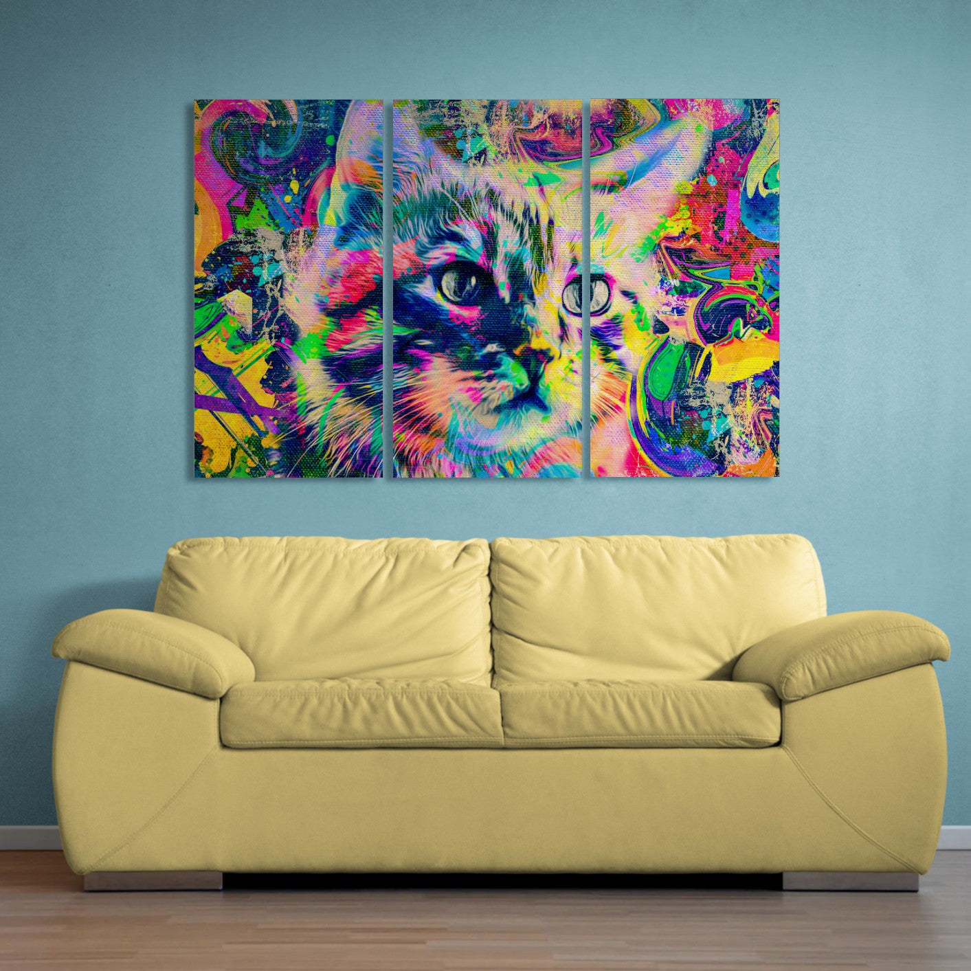 Cat Head Graffiti (3 Panel-II) Animal Wall Art