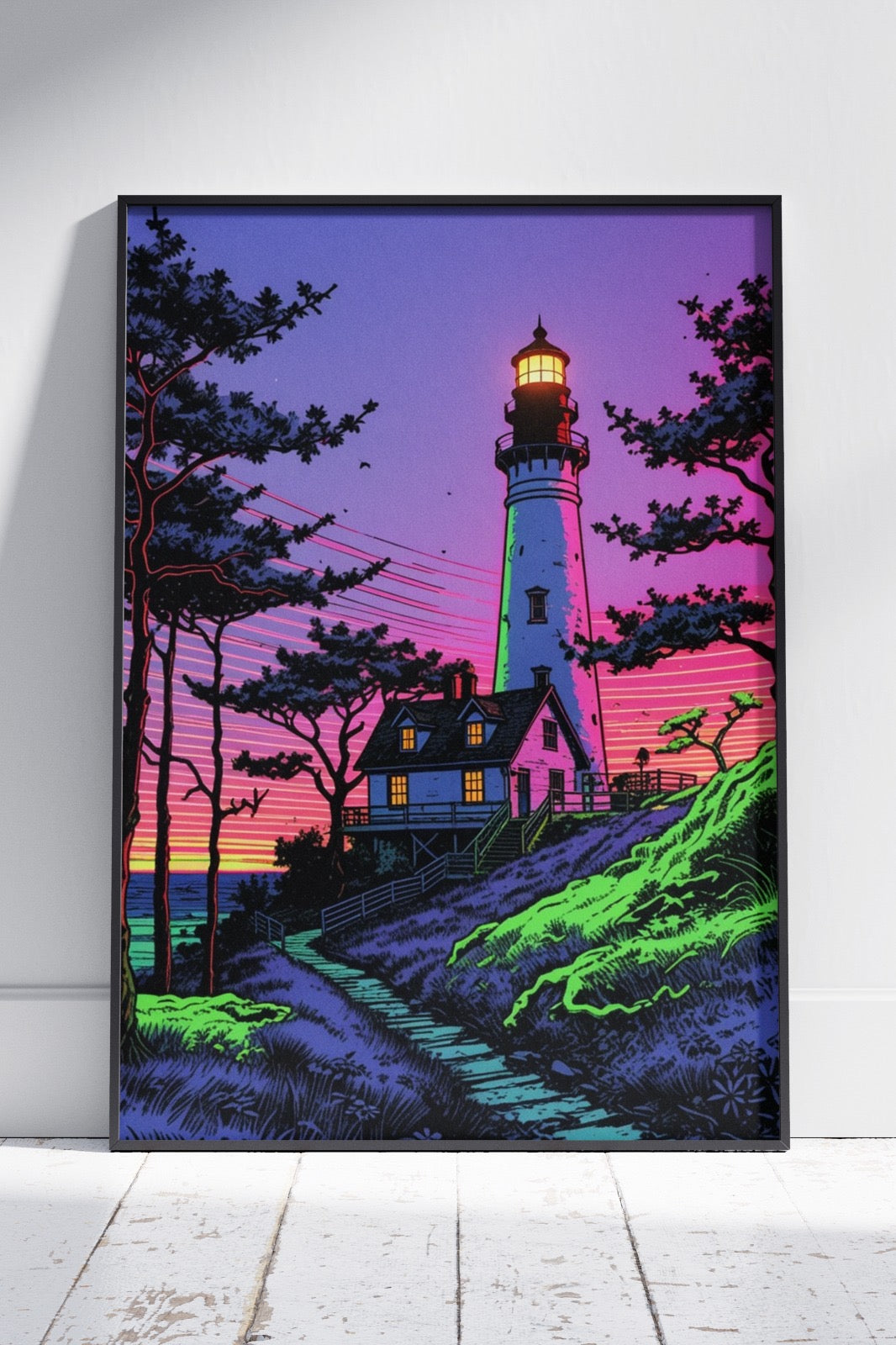 Lighthouse on a steep flowering cliff | Ai Artworks Poster Wall Art