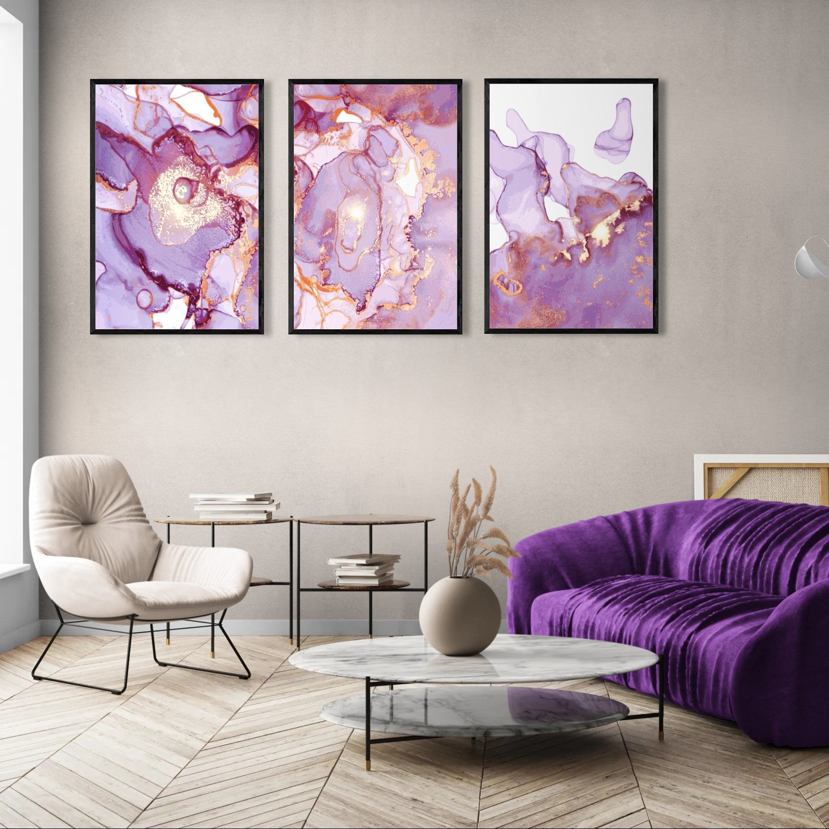 Violet Gold Abstract Marble (3 Panel) Abstract Wall Art