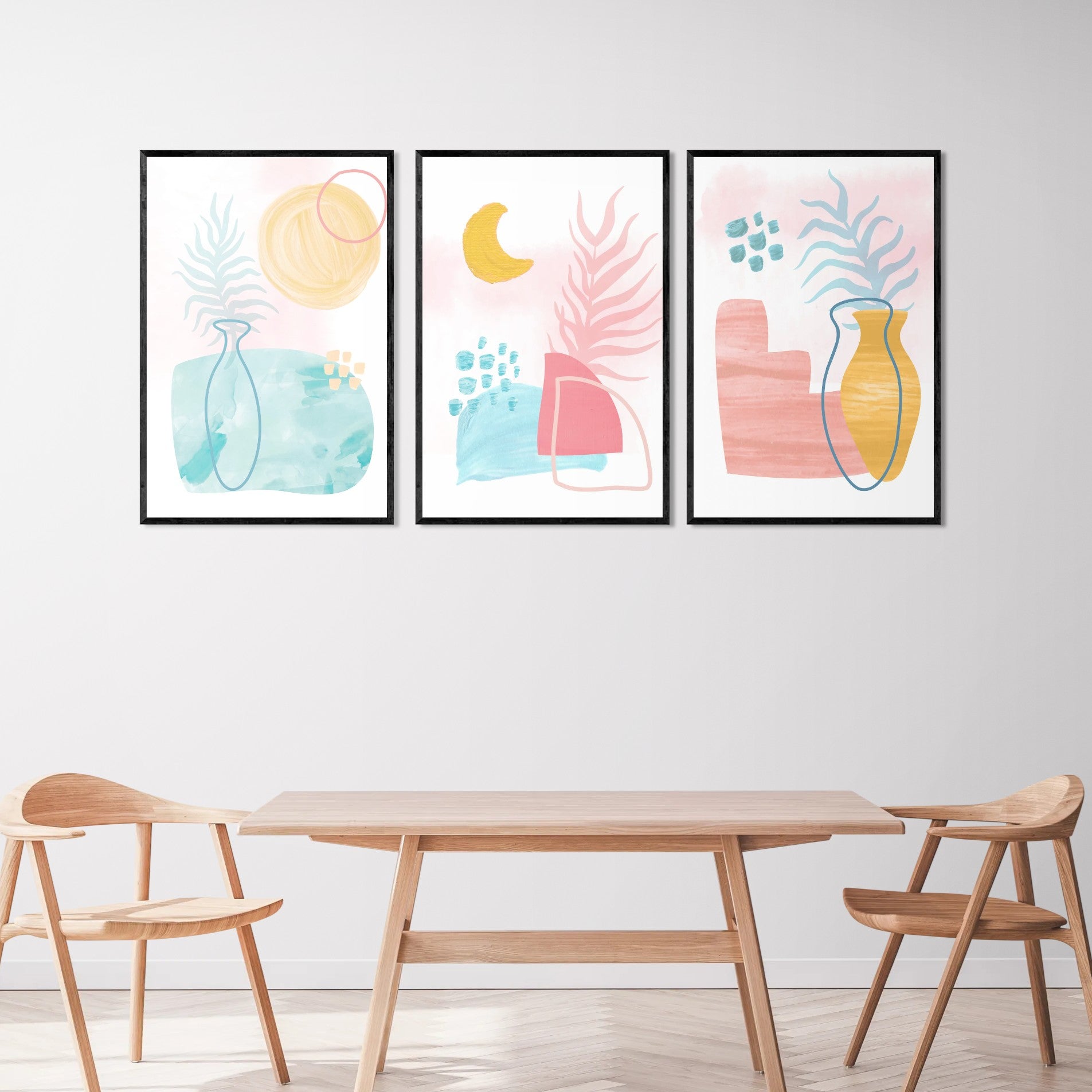 Abstract Pastel Flower Line Art (3 Panel) Abstract Wall Art