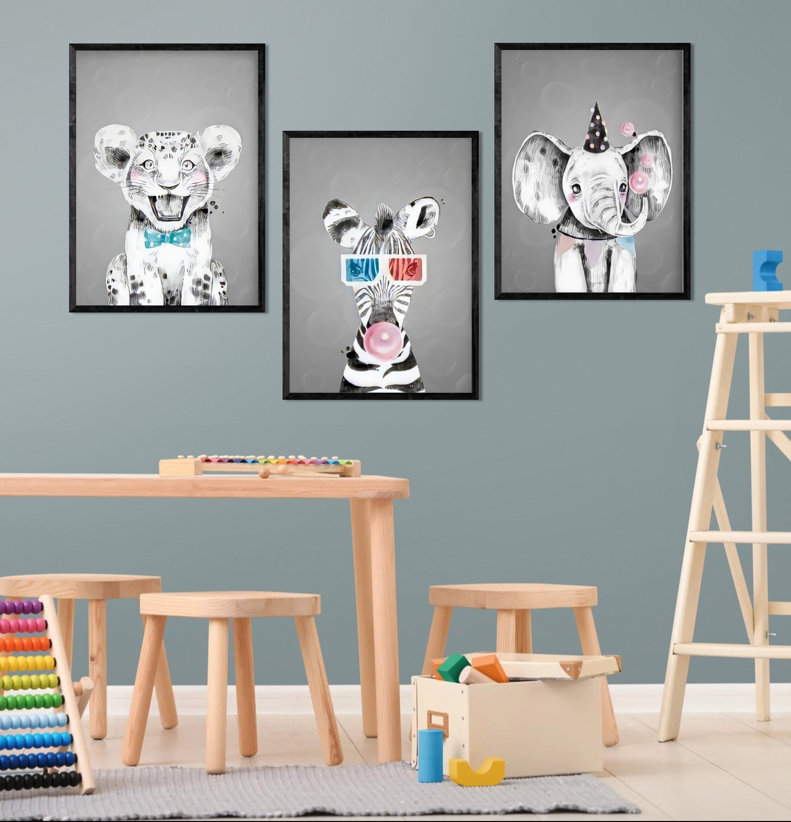 Safari Animals Doodle (3 Panel) Kids Wall Art