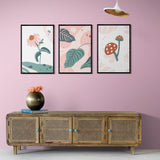 Green Leaves on Pastel Pink Botanical (3 Panel) Abstract Wall Art