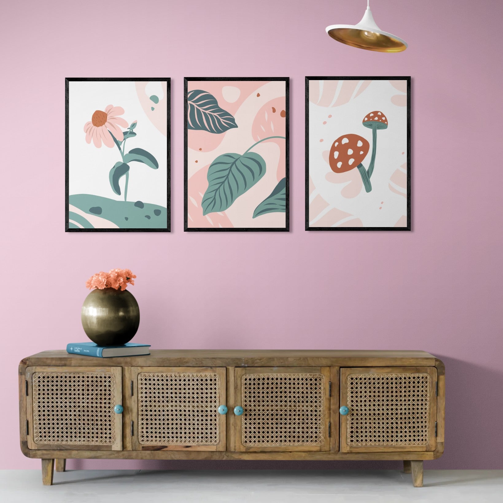 Green Leaves on Pastel Pink Botanical (3 Panel) Abstract Wall Art