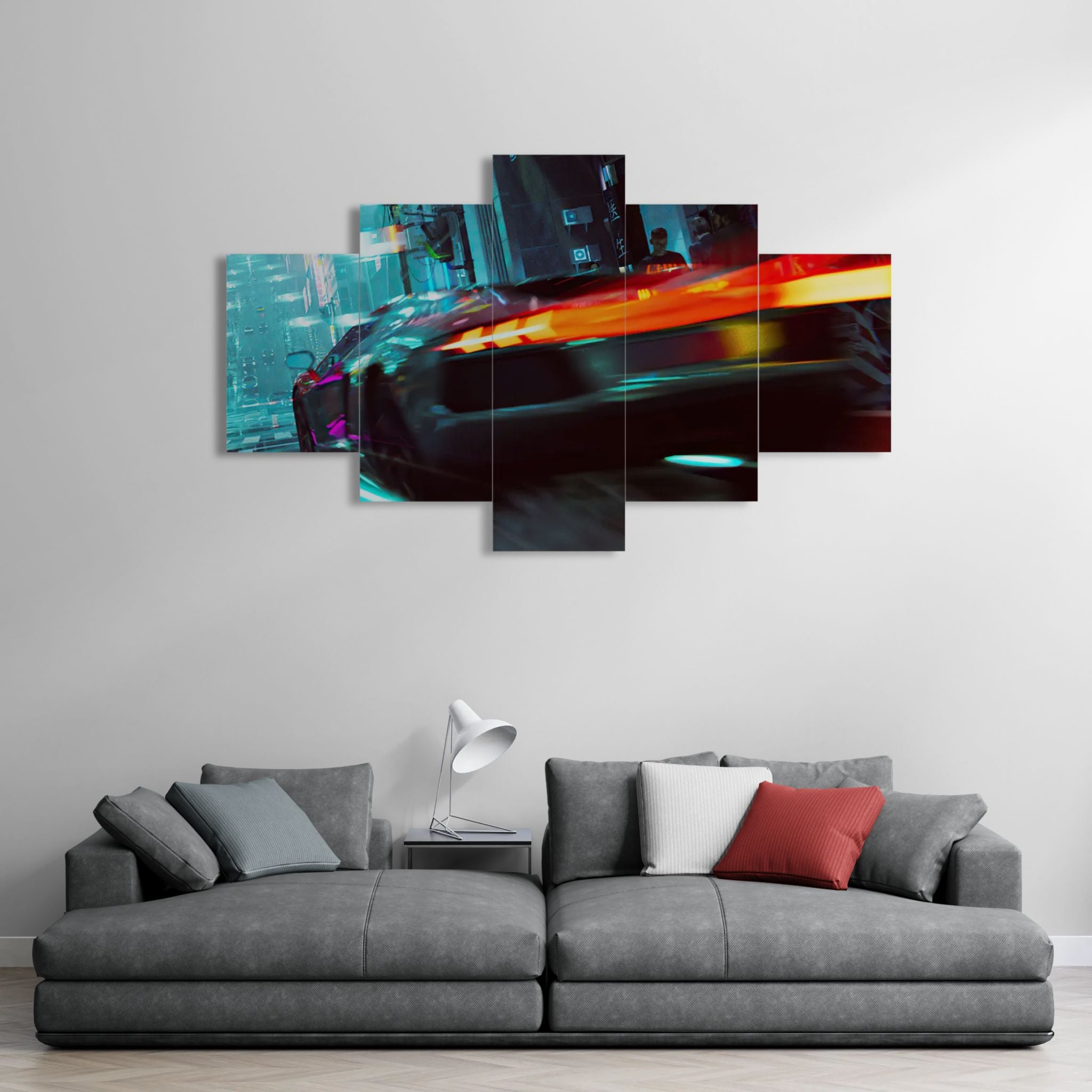 Futuristic City Scape With Car (5 Panel-II) Car Wall Art