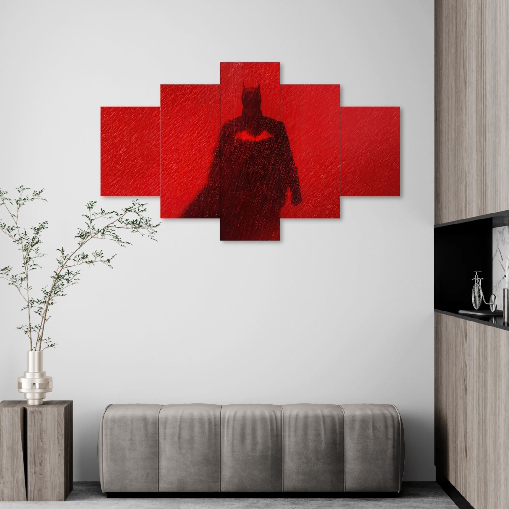 Batman - rainy red night (5 Panel-II) Movie Wall Art