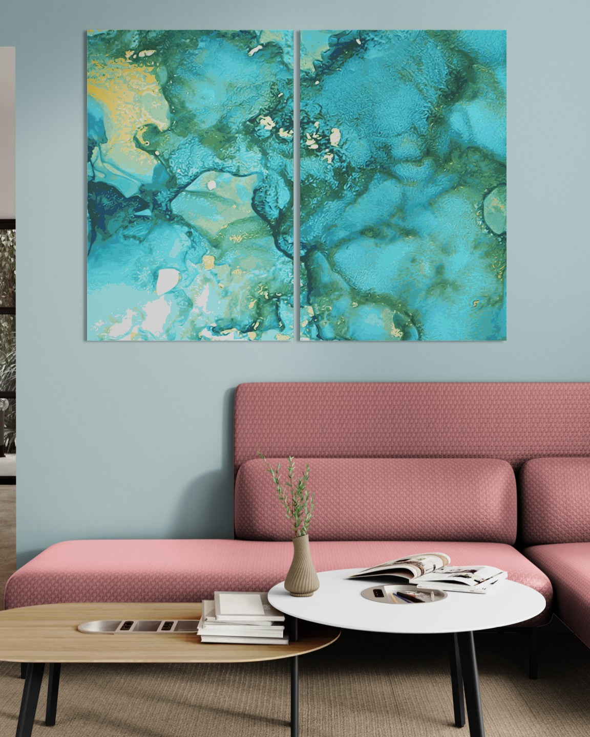 Teal Blue Stone Marble Vectors (2 Panel) Abstract Wall Art
