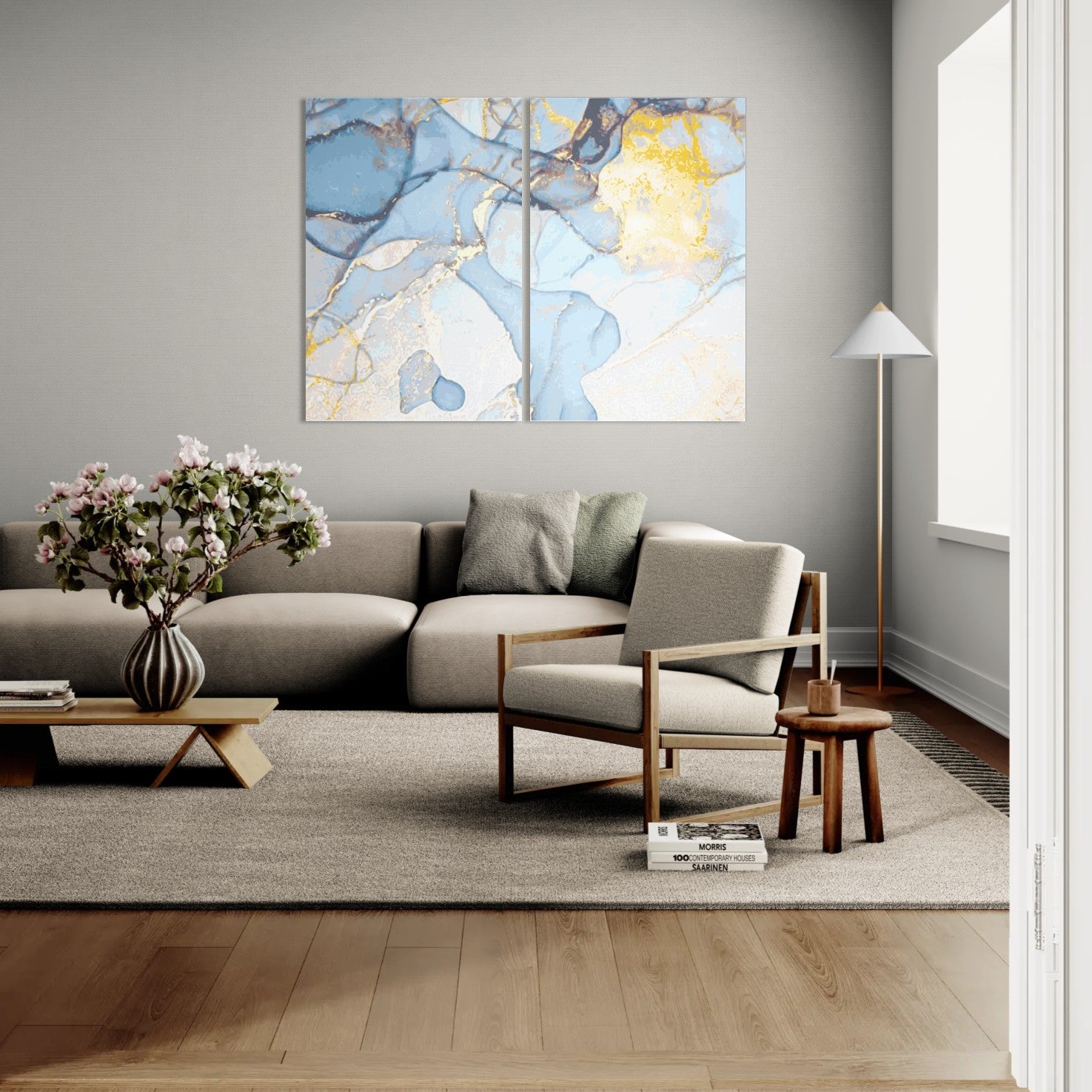 Light Blue And Gold Marble Abstract Textures 003 (2 Panel) Abstract Wall Art