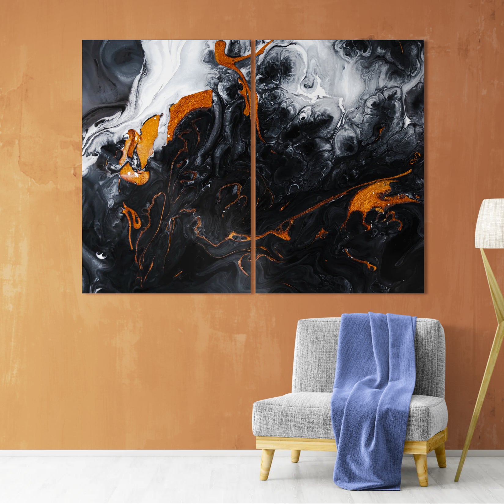 Abstract fluid Black and Orange (2 Panel) Abstract Wall Art