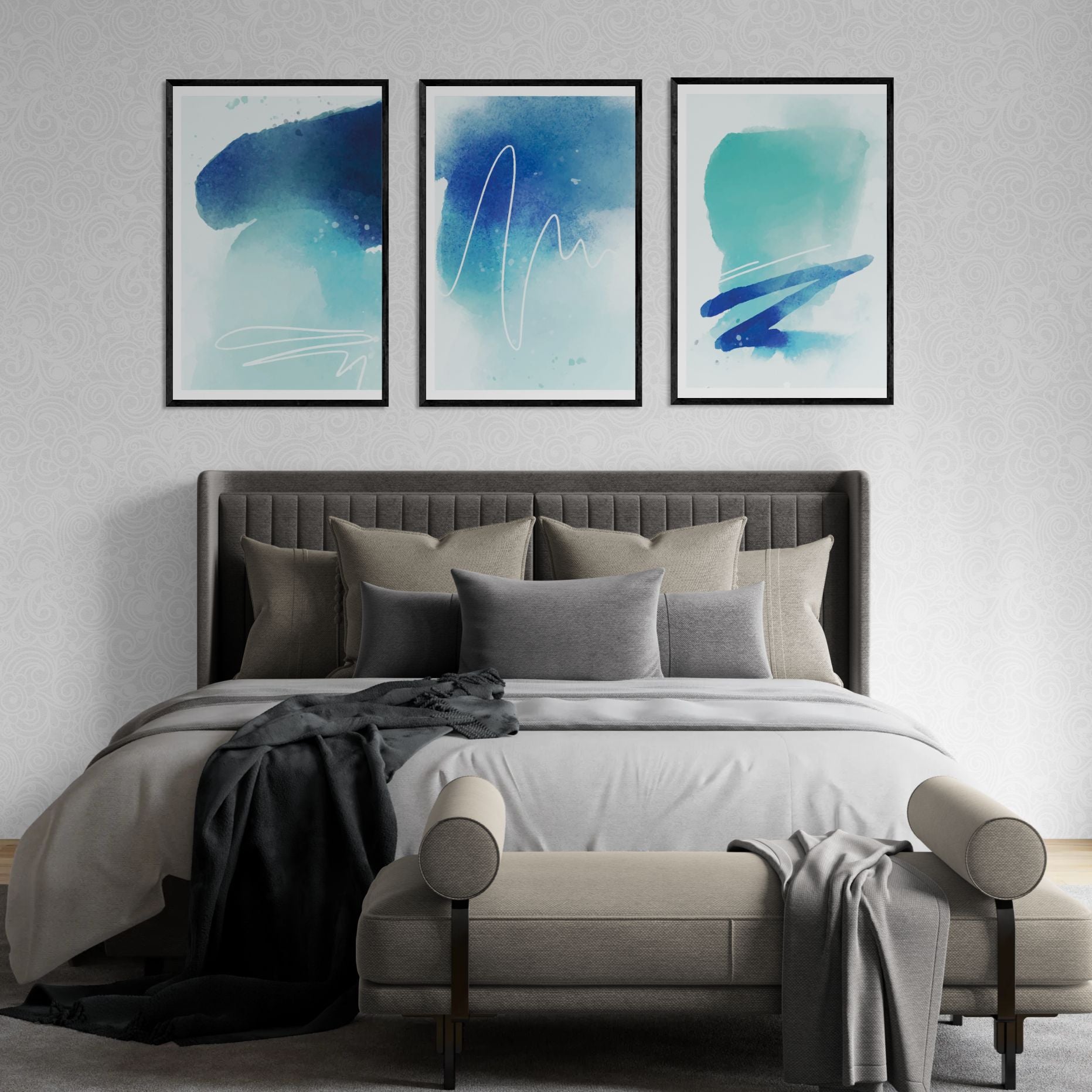 Watercolor Navy Blue (3 Panel) Abstract Wall Art