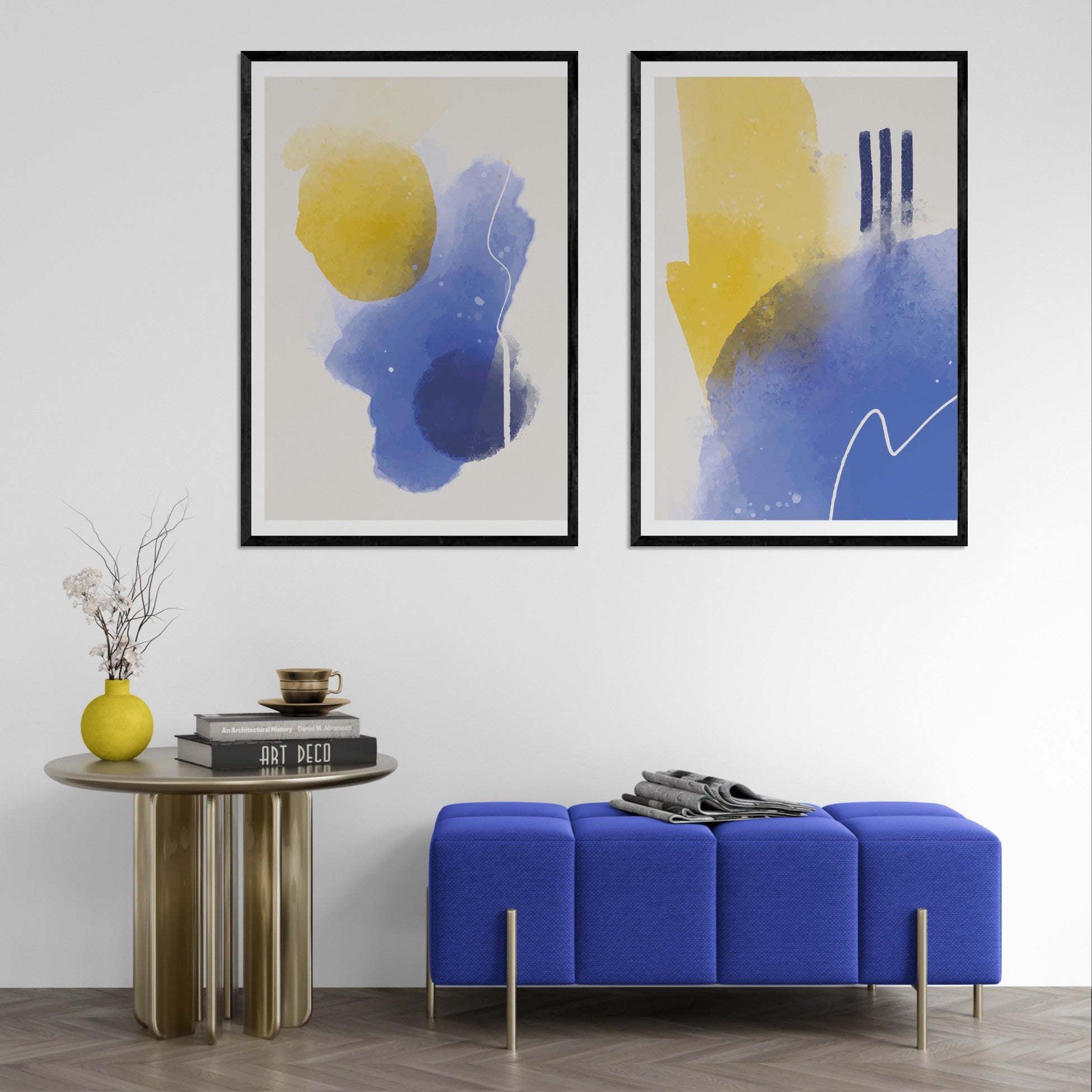 Blue & Yellow Abstract watercolor (2 Panel) Abstract Wall Art