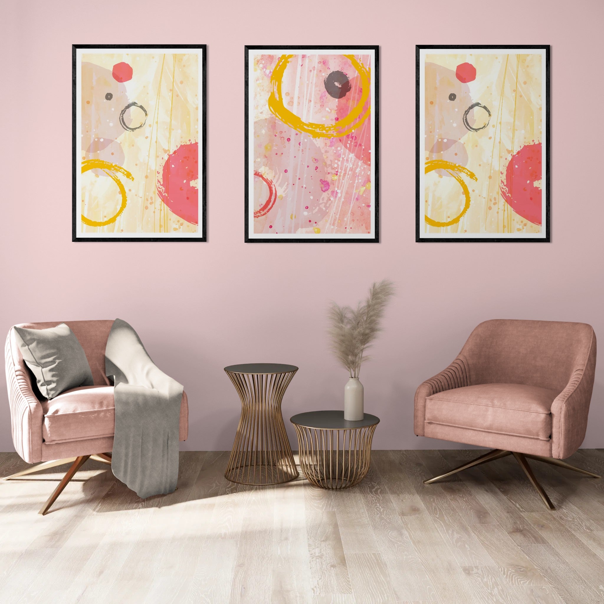Pink & Gold Abstract (3 Panel) Abstract Wall Art