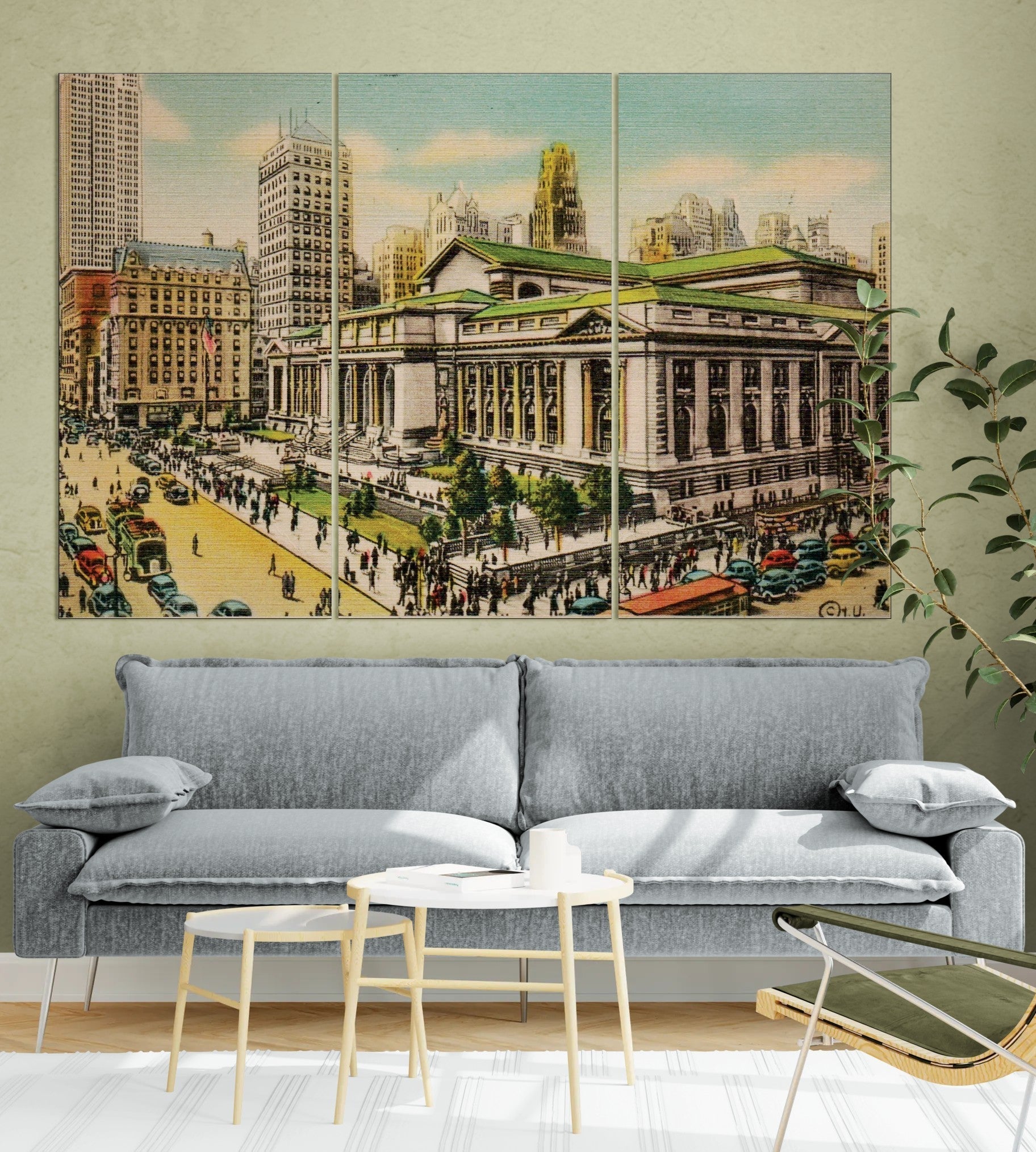 Vintage 1940s- Public Library (3 Panel-II) Digital Paintings Wall Art