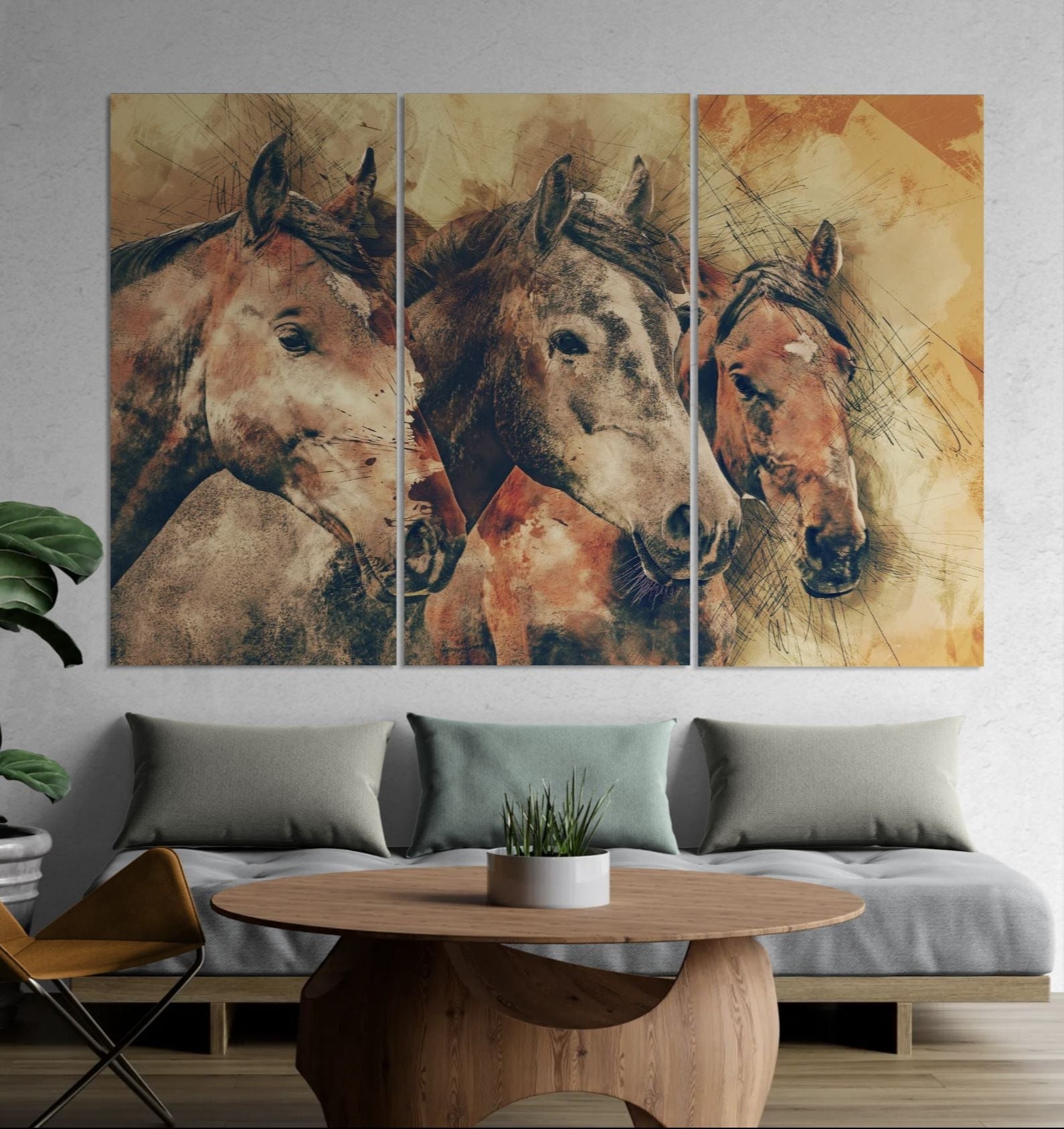 Three Horses (3 Panel-II) Digital Paintings Wall Art