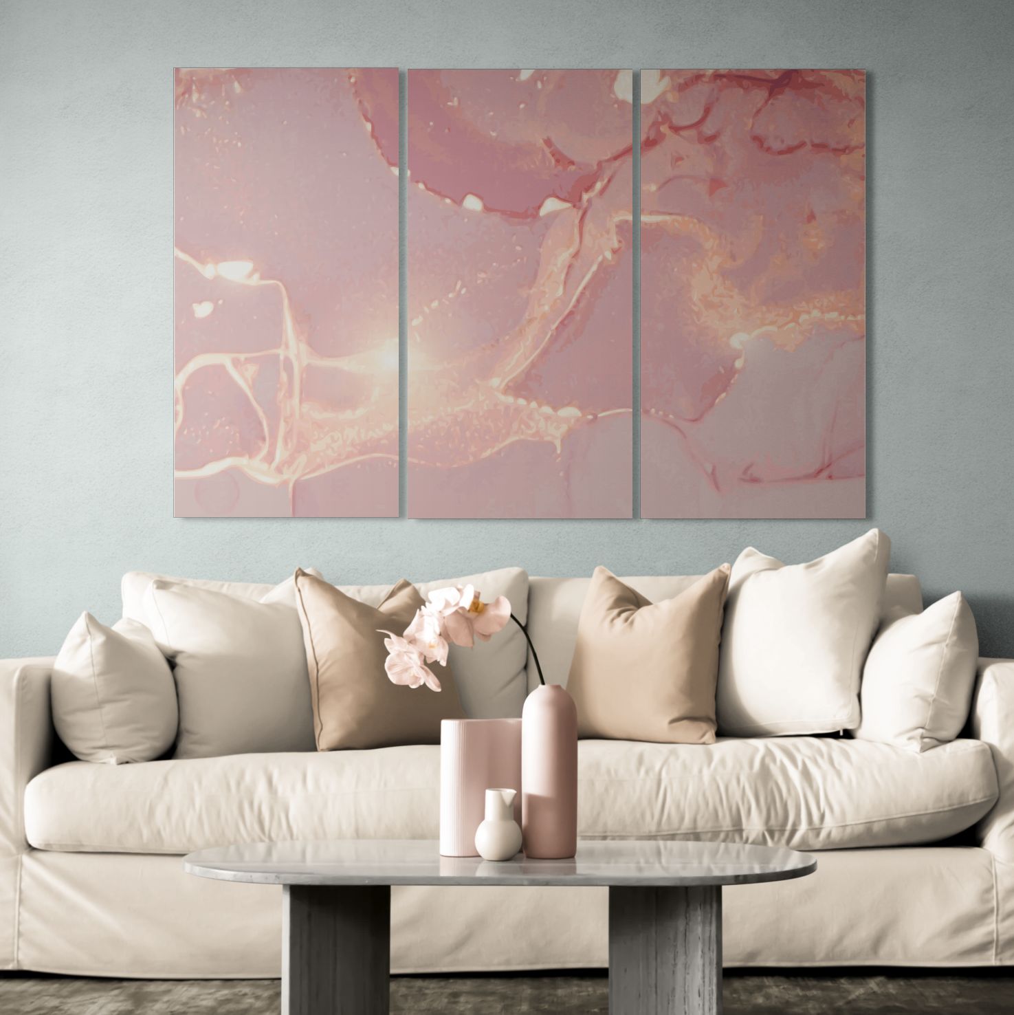 Light pink and gold marble abstract textures (3 Panel-II) abstract Wall Art