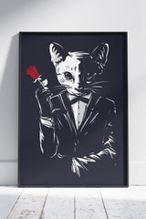 Mafia gangster cat hold a rose | Animal Poster Wall Art