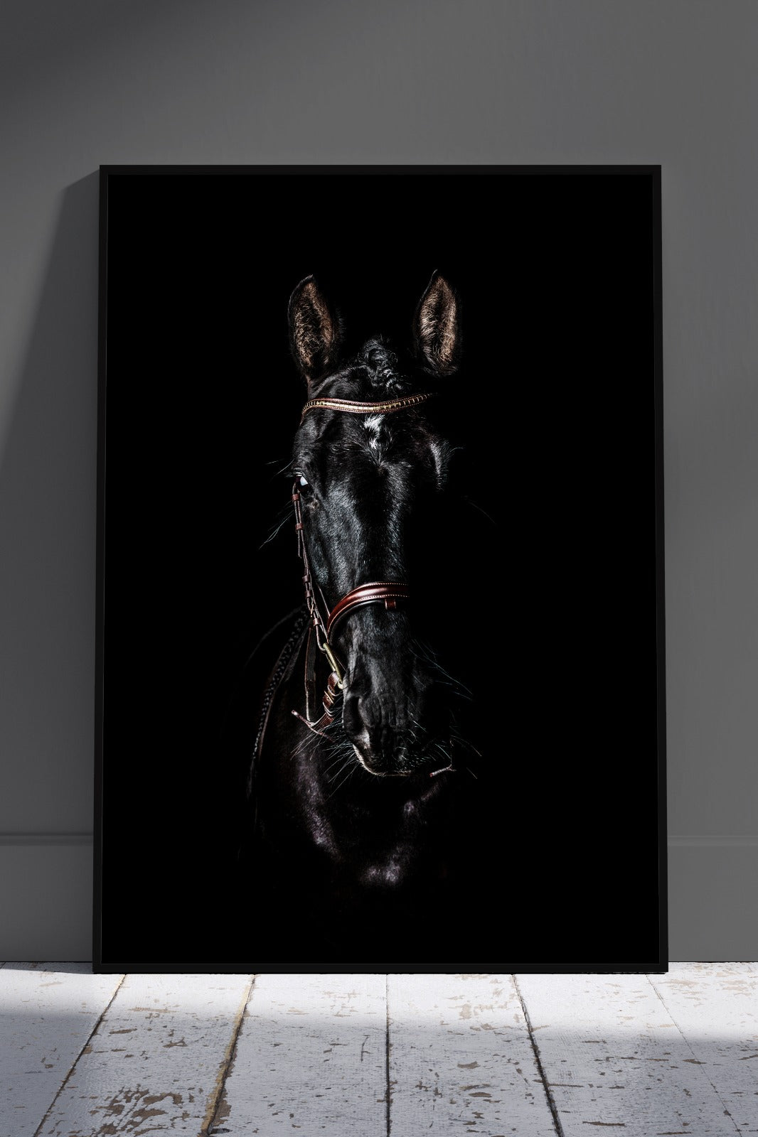 Majestic Horse in Grungeon Style on Dark Background | Black & Gold Poster Wall Art