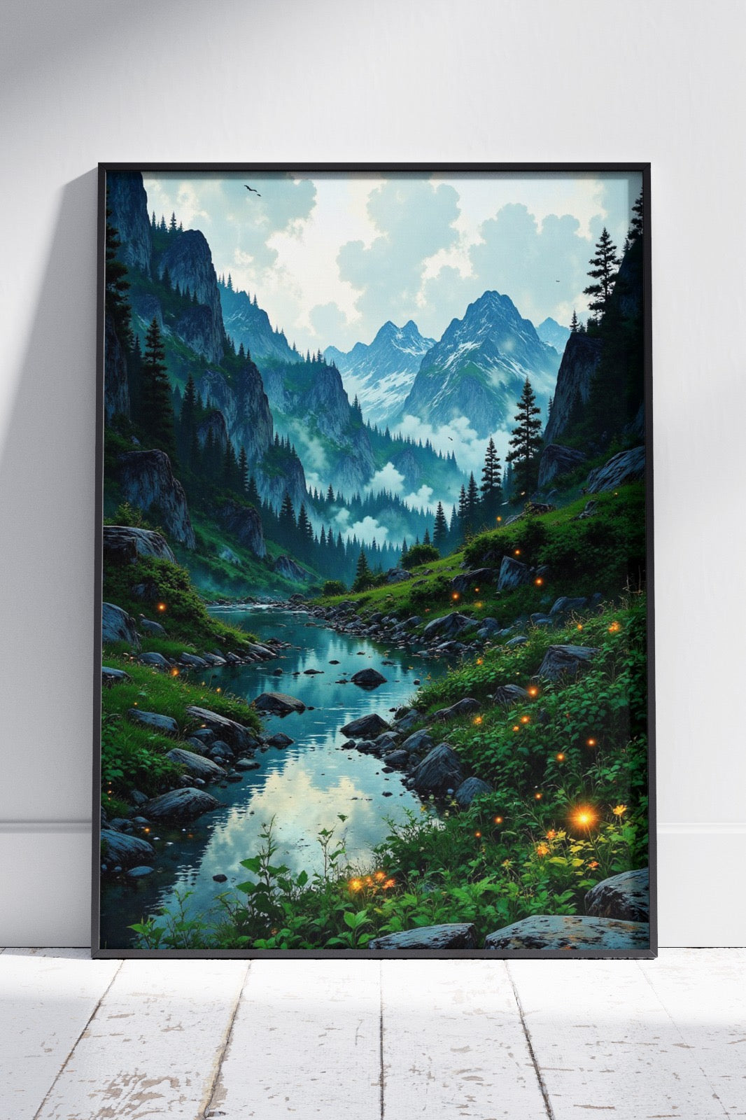 Majestic river flows through lush green valleys | Ai Artworks Poster Wall Art